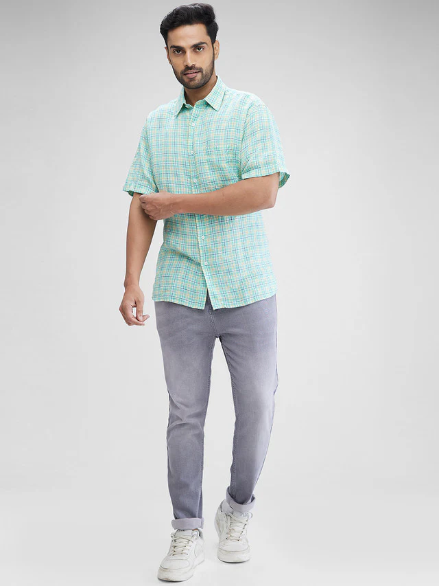 Colorplus Men Green Checkered Regular Fit Half Sleeve Spread Collar Shirt - Image 5