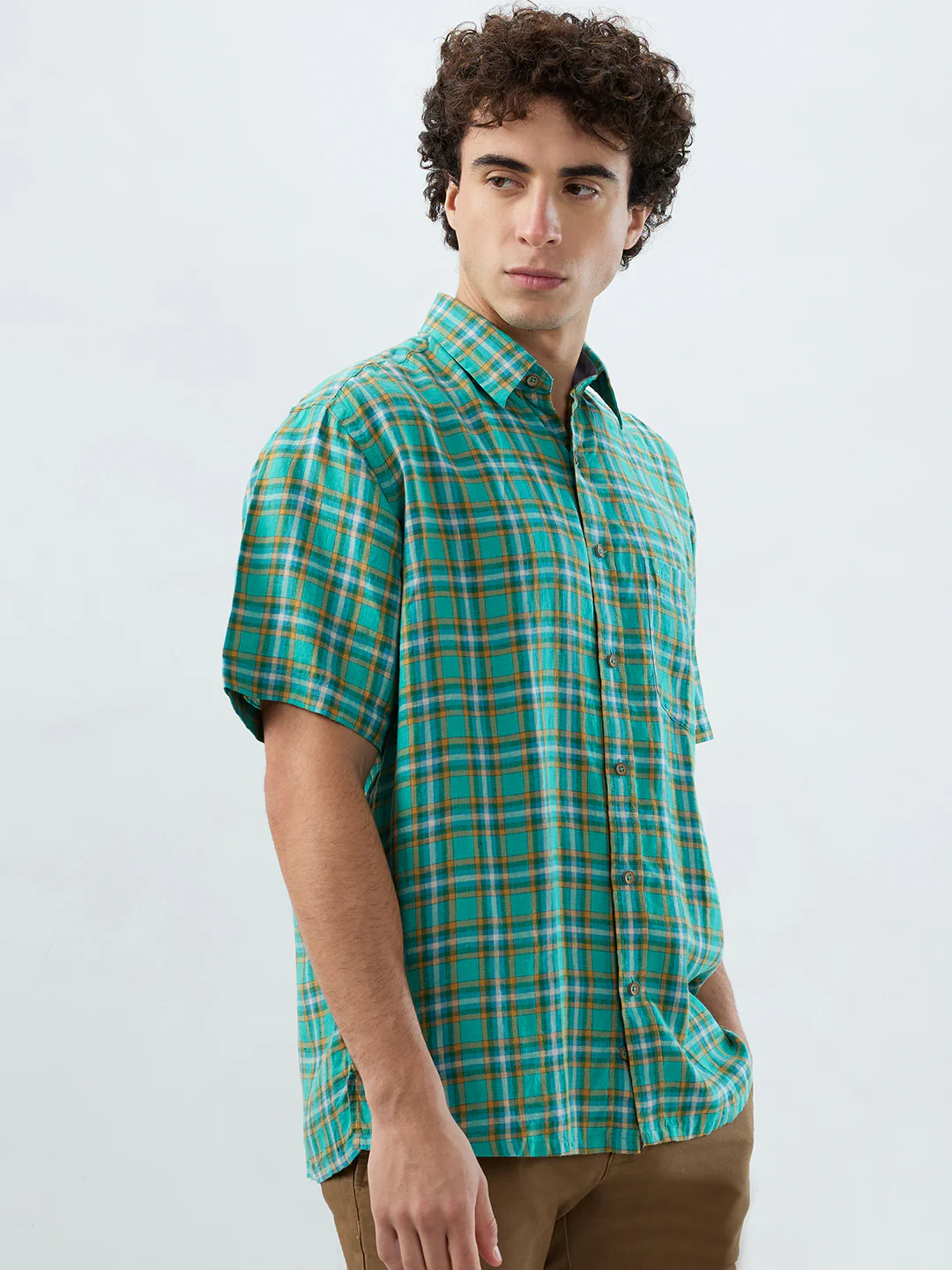 Colorplus Men Green Checks Comfort Fit Linen Casual Shirt - Image 2