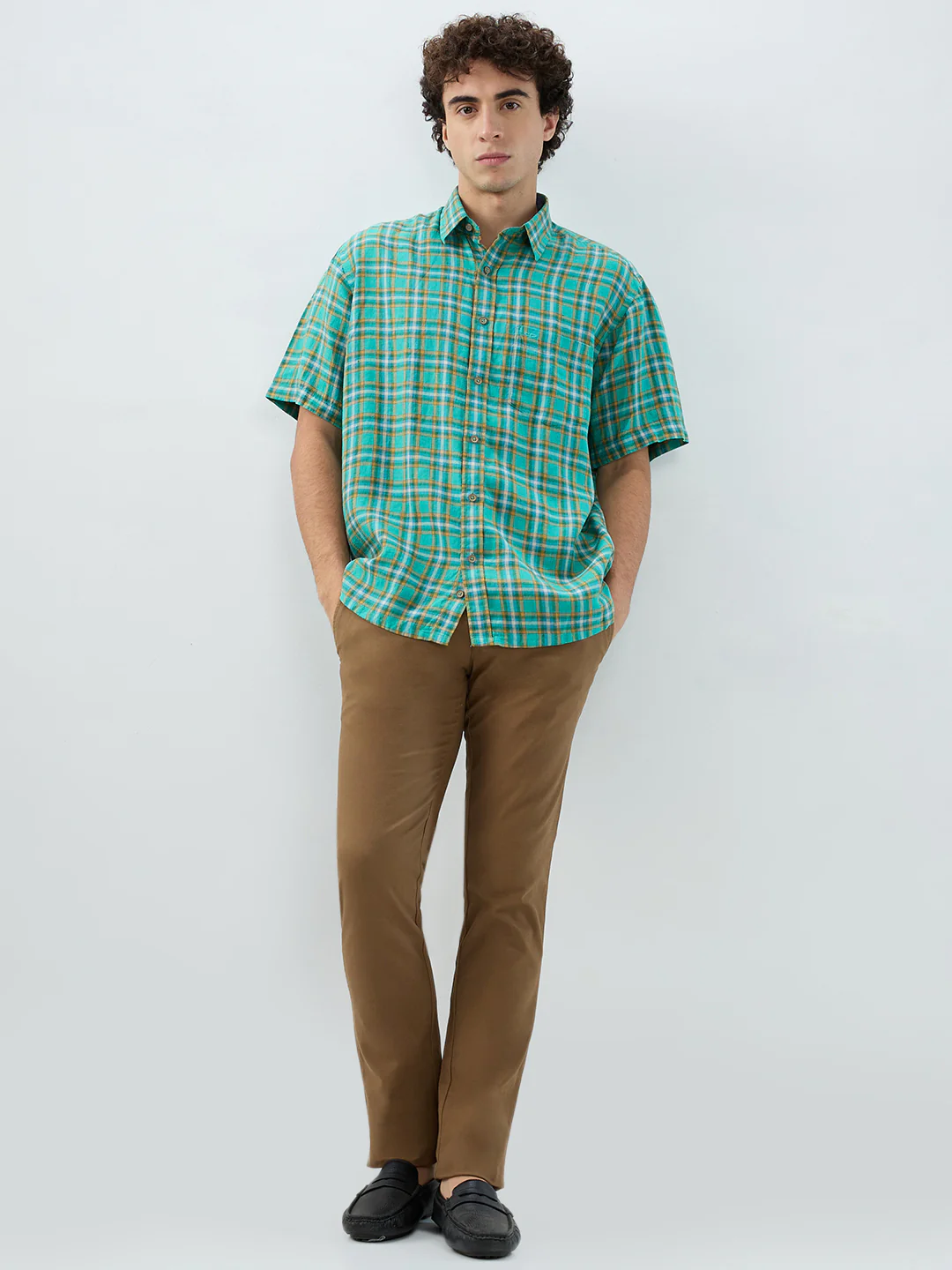 Colorplus Men Green Checks Comfort Fit Linen Casual Shirt - Image 5