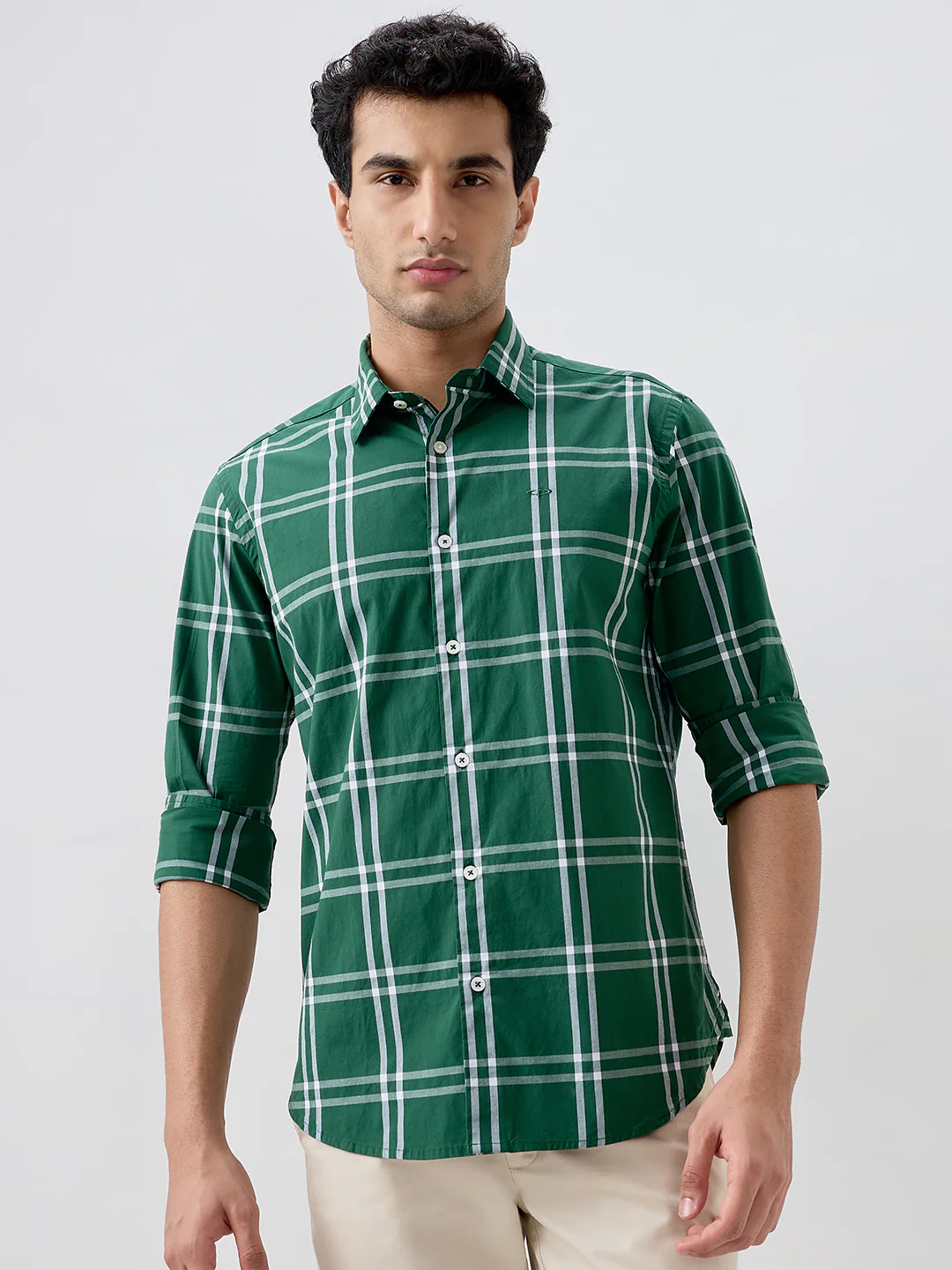 Colorplus Men Green Checks Regular Fit Cotton Blend Casual Shirt