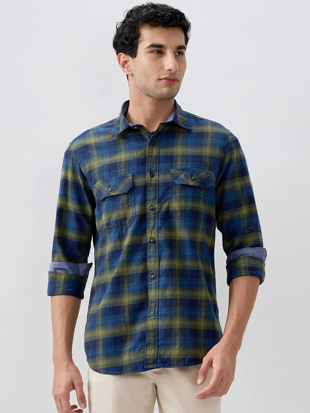 Colorplus Men Green Checks Regular Fit Cotton Casual Shirt