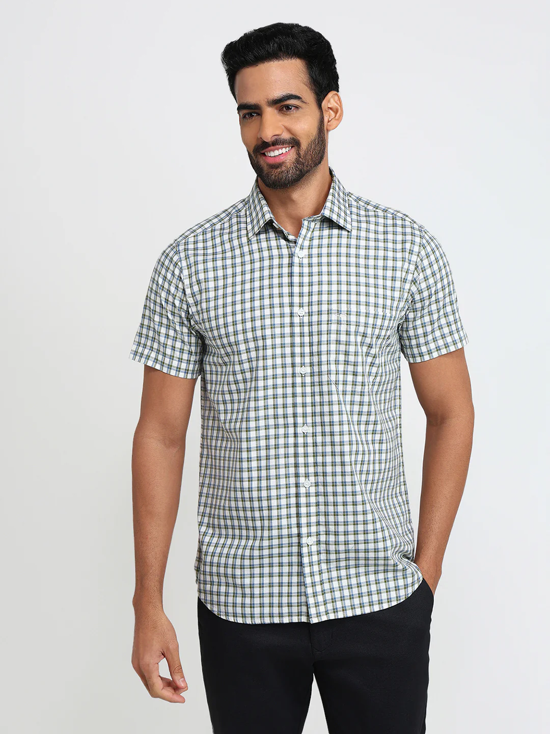 Colorplus Men Green Checks Regular Fit Cotton Casual Shirt