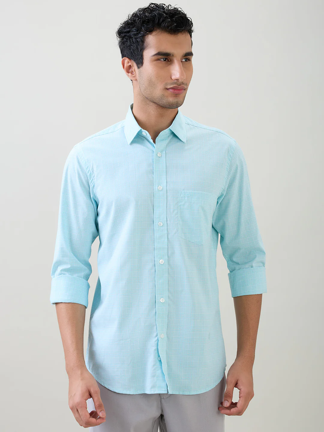 Colorplus Men Green Checks Regular Fit Cotton Full Sleeve Casual Shirt