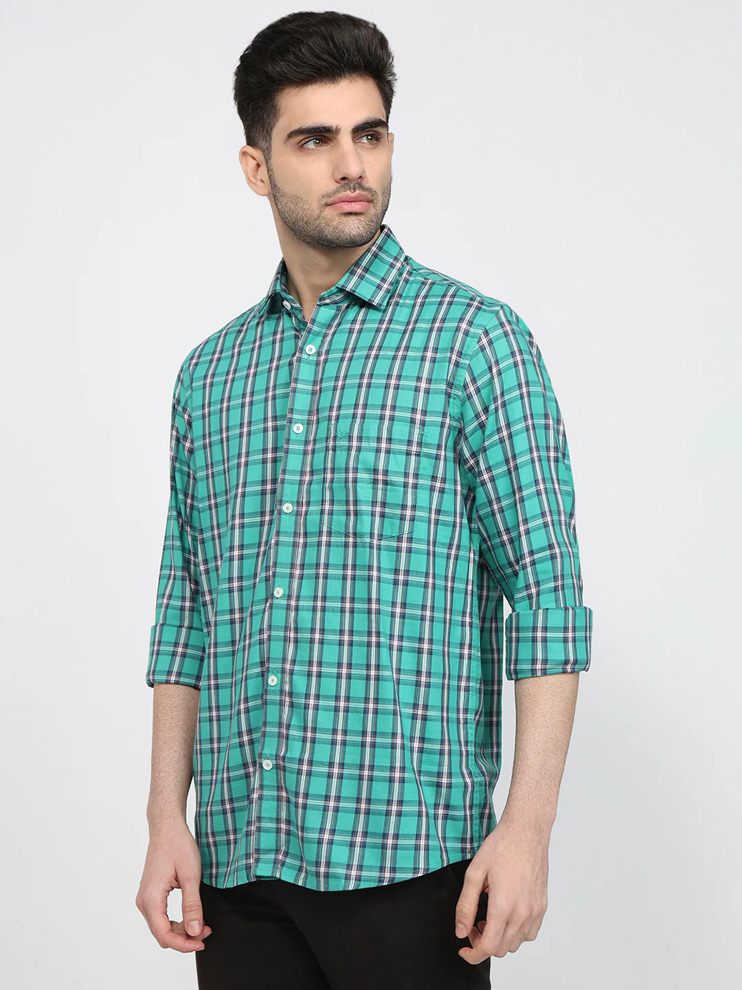 Colorplus Men Green Checks Tailored Fit Cotton Blend Shirt - Image 2