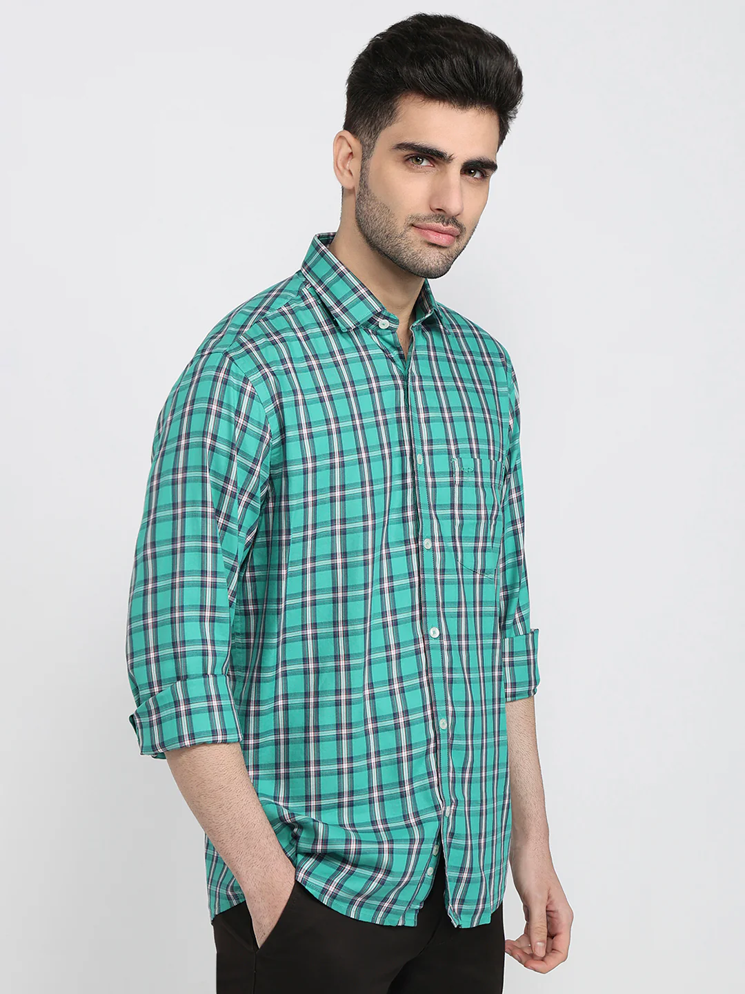 Colorplus Men Green Checks Tailored Fit Cotton Blend Shirt - Image 3