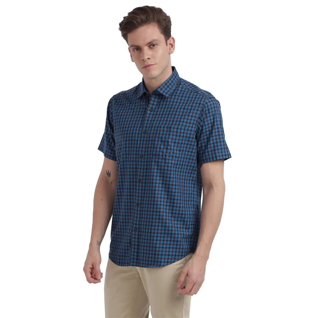 ColorPlus Men Green Checks Tailored Fit Cotton Half Sleeve Cut Away Collar Shirt - Image 3