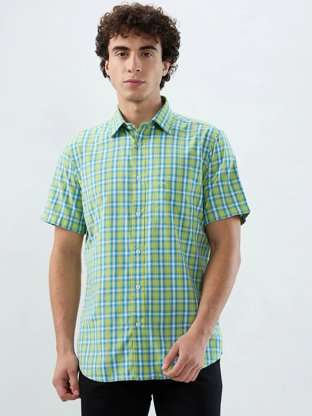 Colorplus Men Green Checks Tailored Fit Viscose Blend Casual Shirt