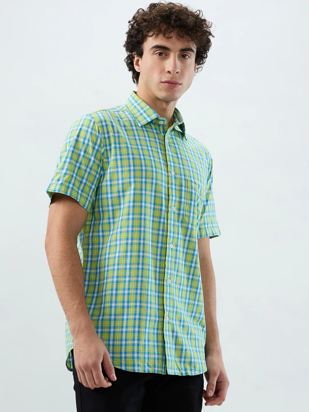 Colorplus Men Green Checks Tailored Fit Viscose Blend Casual Shirt - Image 2