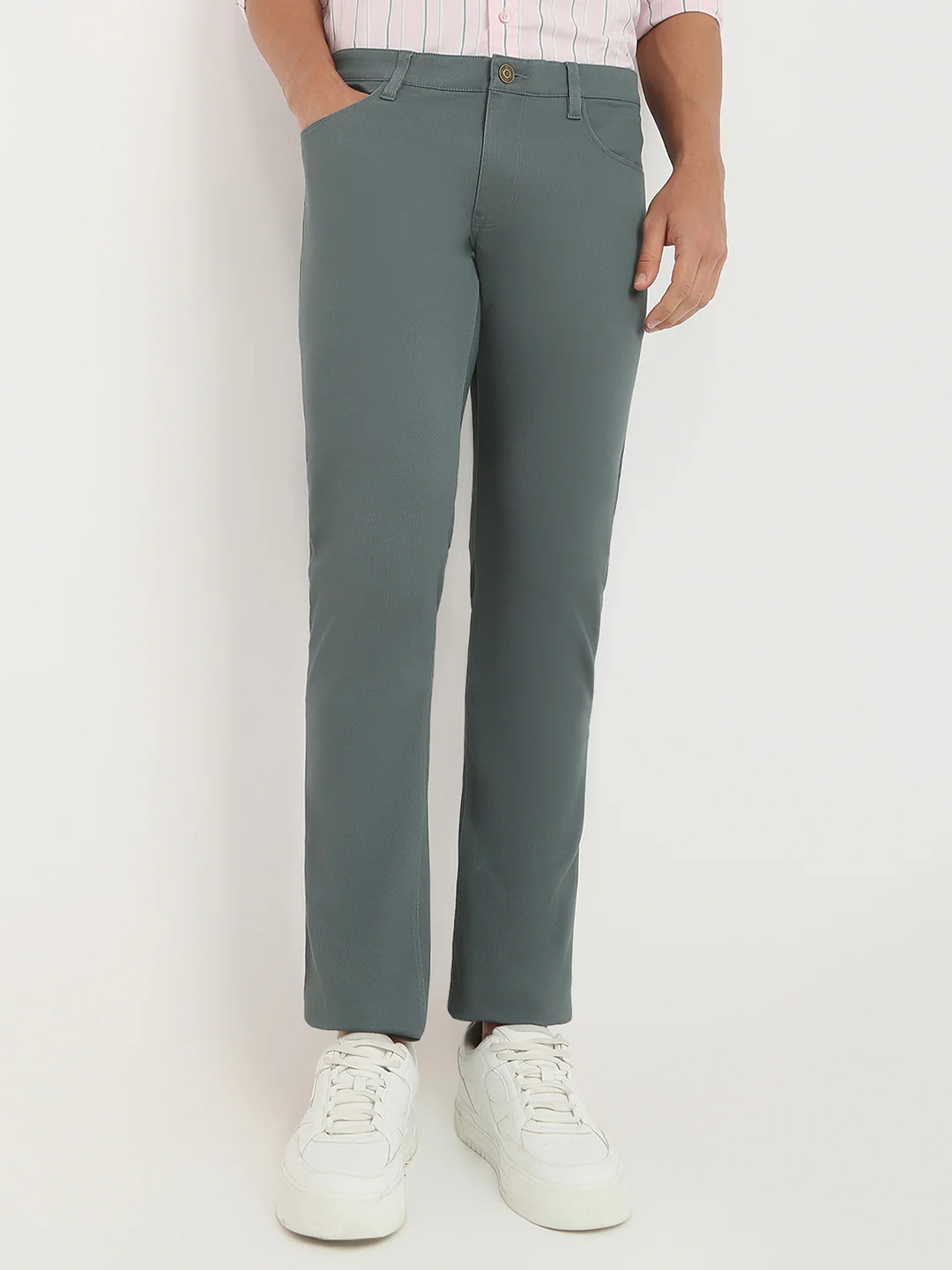Colorplus Men Green Dobby Regular Fit Cotton Blend Trouser