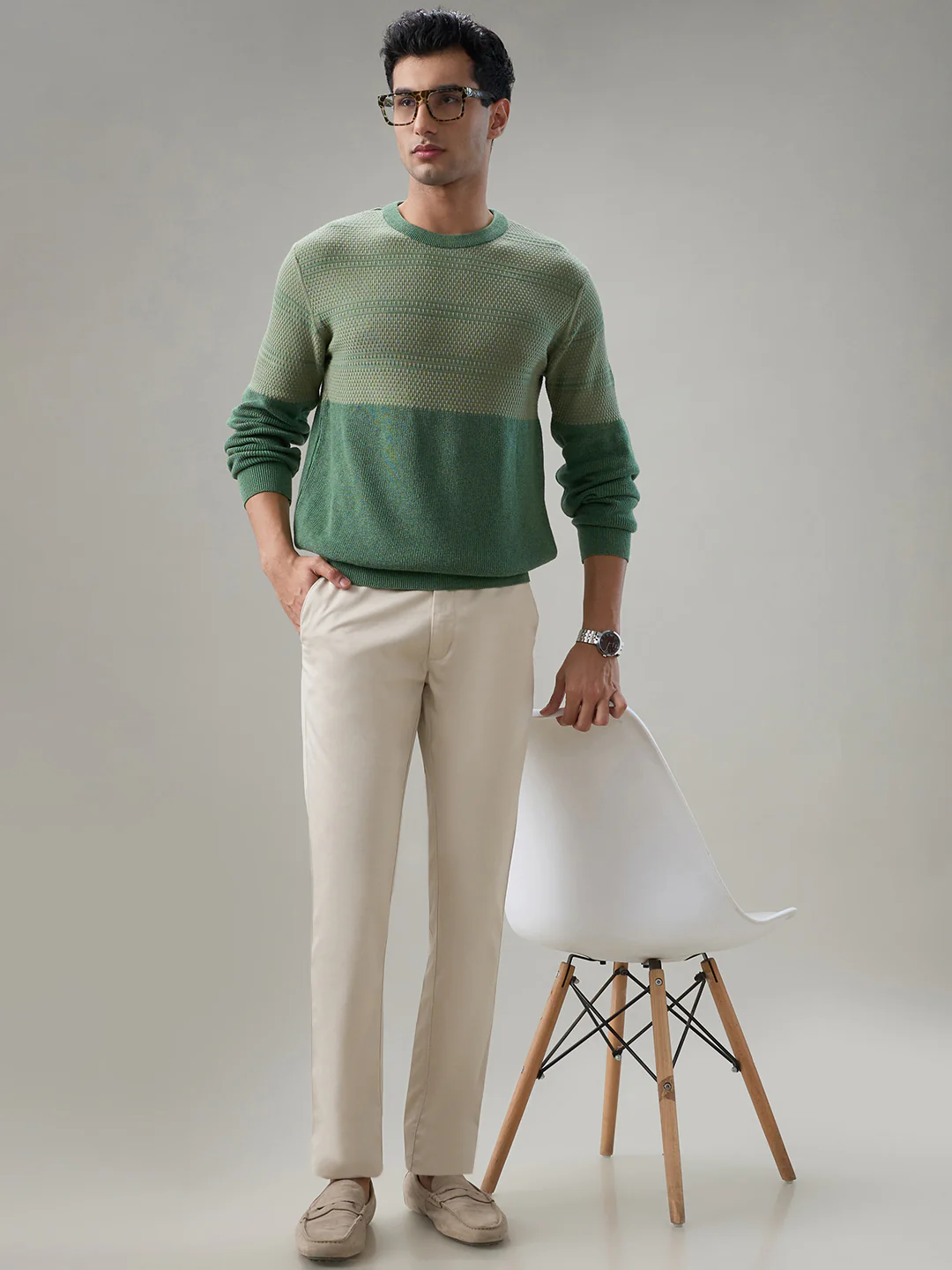 Colorplus Men Green Jacquard Regular Fit Cotton Sweatshirt - Image 7