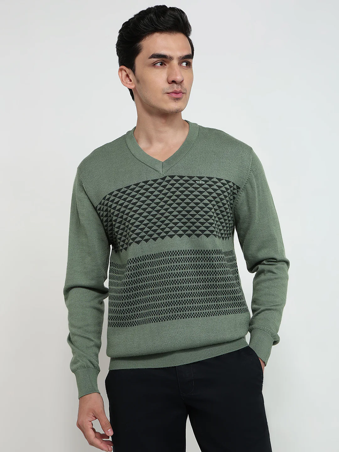 Colorplus Men Green Jacquard Regular Fit Wool Blend Sweatshirt