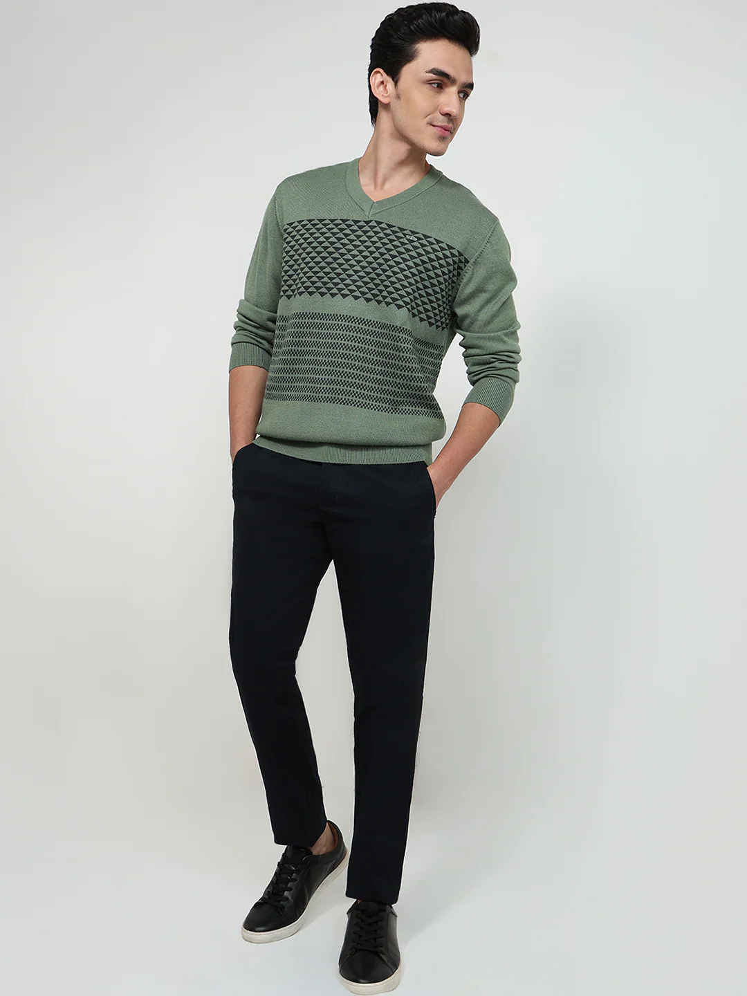 Colorplus Men Green Jacquard Regular Fit Wool Blend Sweatshirt - Image 5