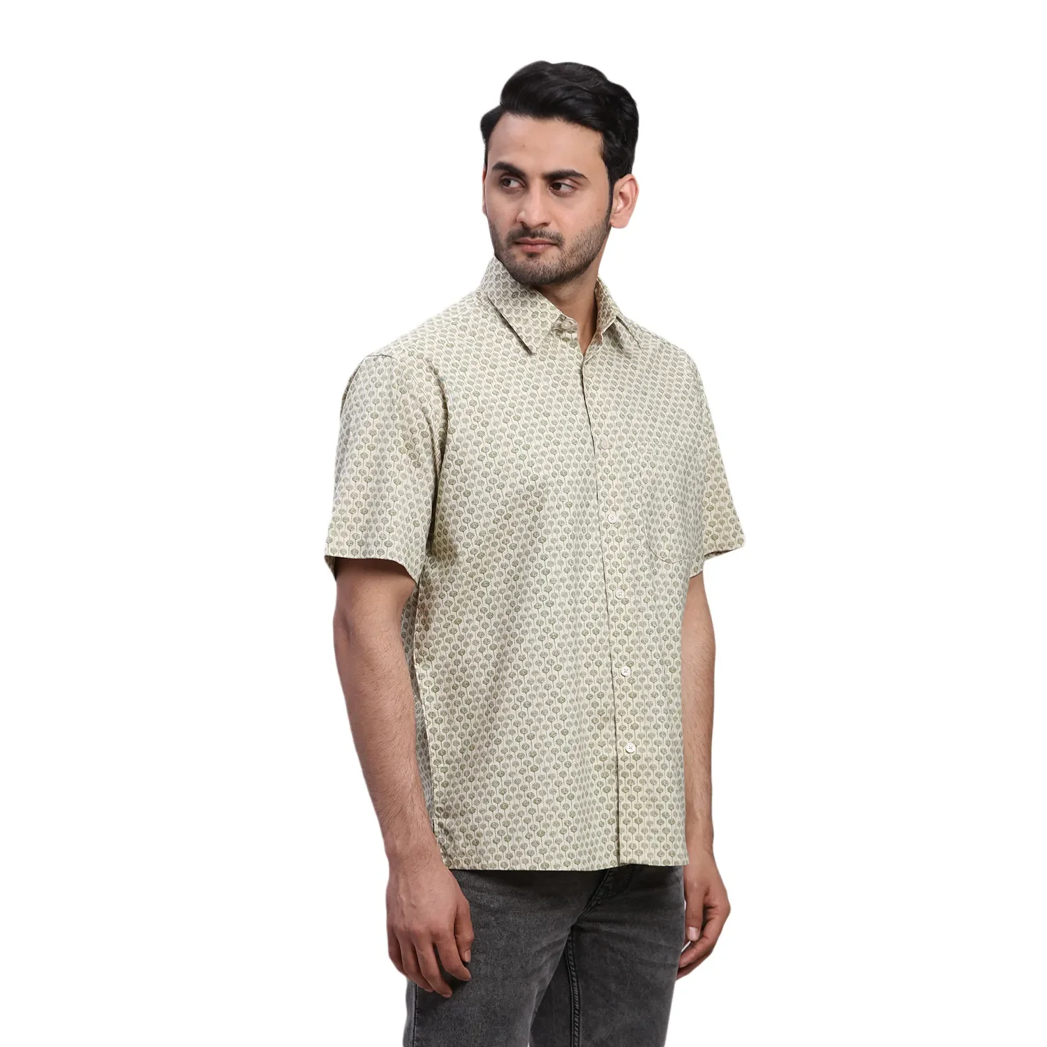 ColorPlus Men Green Print Comfort Fit Cotton Half Sleeve Shirt - Image 2