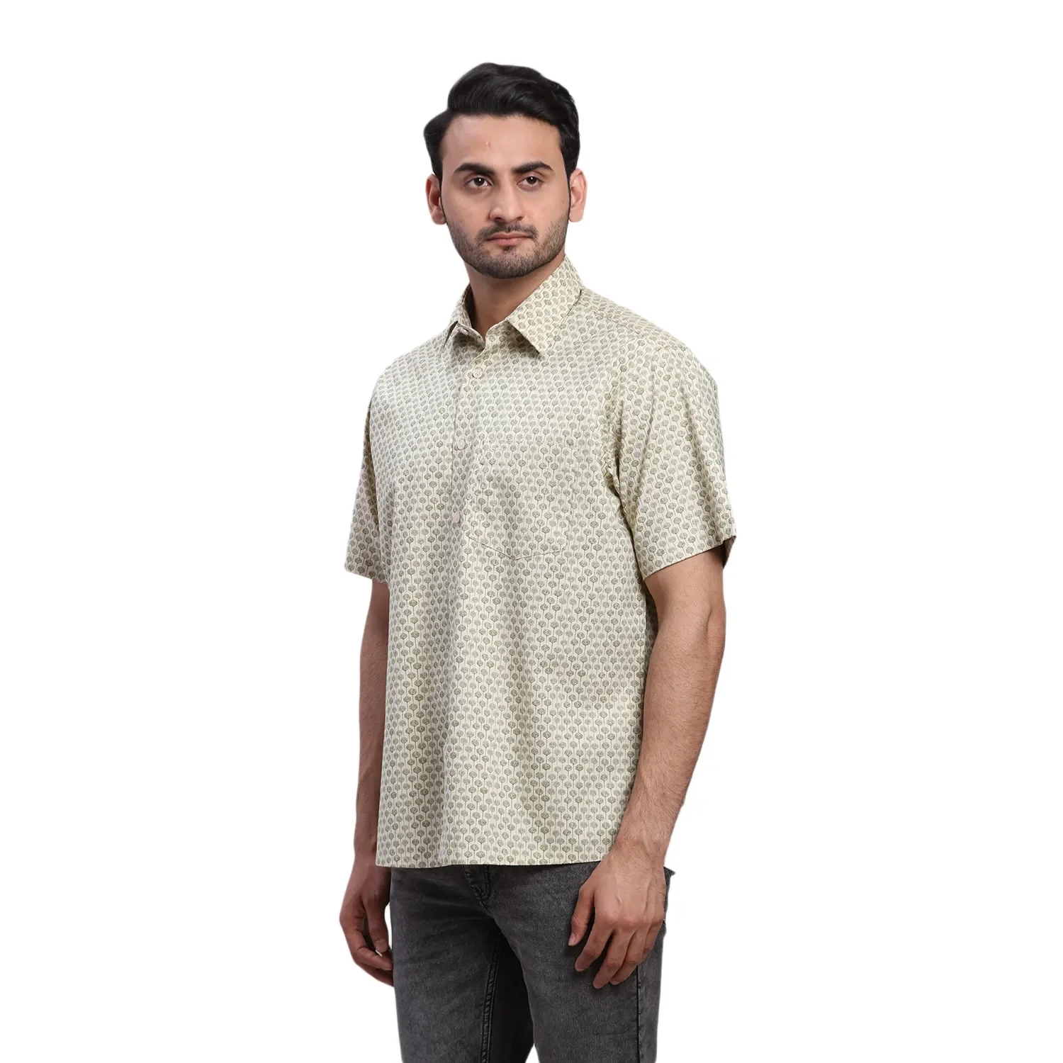 ColorPlus Men Green Print Comfort Fit Cotton Half Sleeve Shirt - Image 3