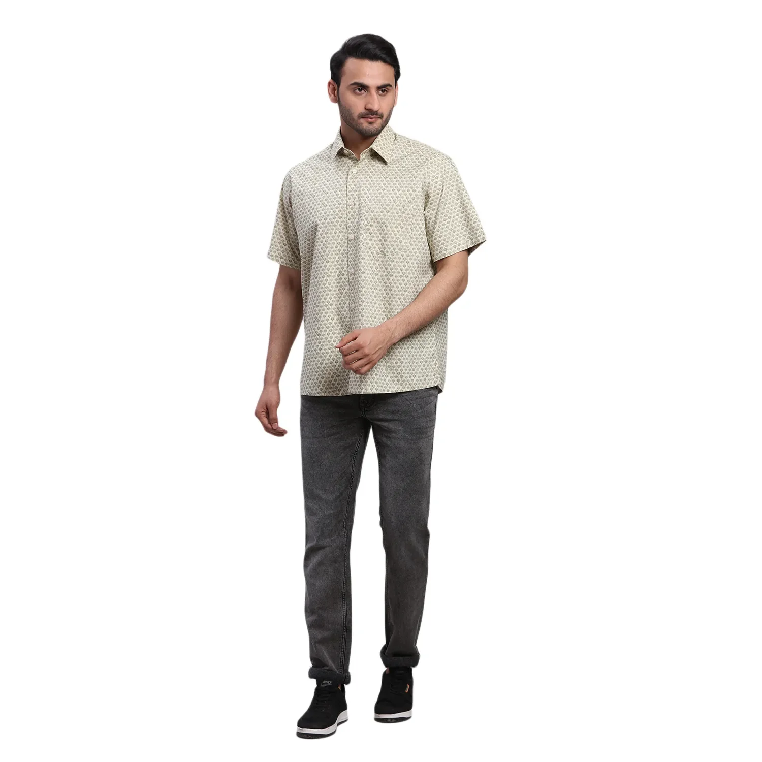 ColorPlus Men Green Print Comfort Fit Cotton Half Sleeve Shirt - Image 5