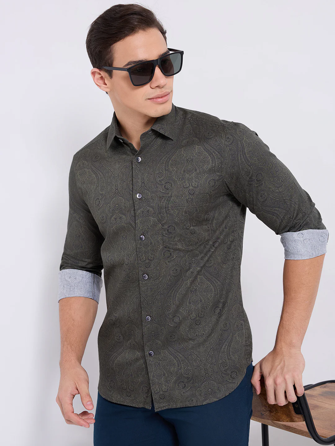 Colorplus Men Green Print Regular Fit Cotton Casual Shirt