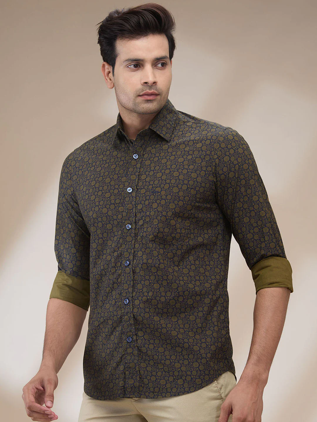 ColorPlus Men Green Print Regular Fit Cotton Shirt - Image 3