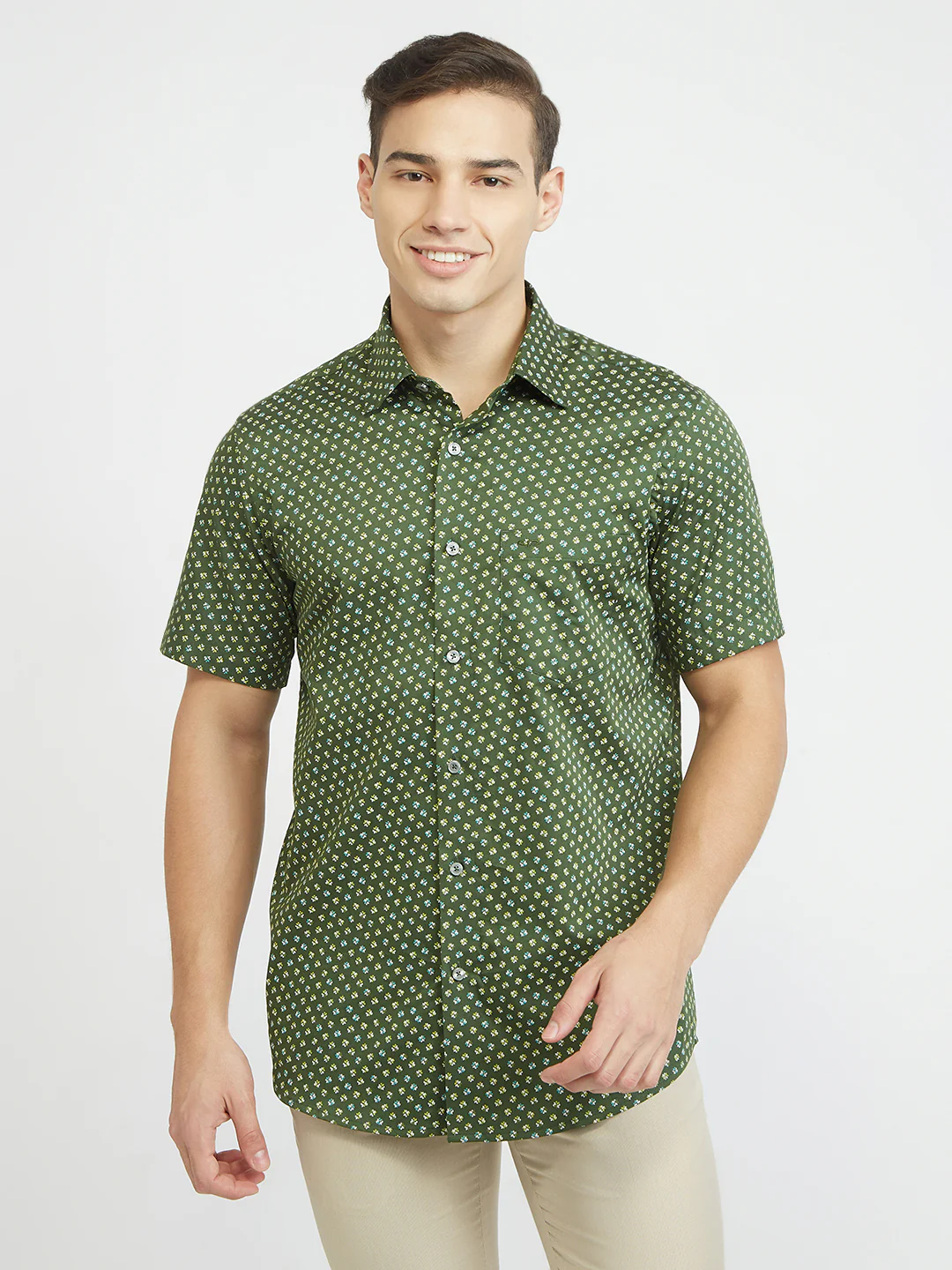 ColorPlus Men Green Print Regular Fit Cotton Shirt