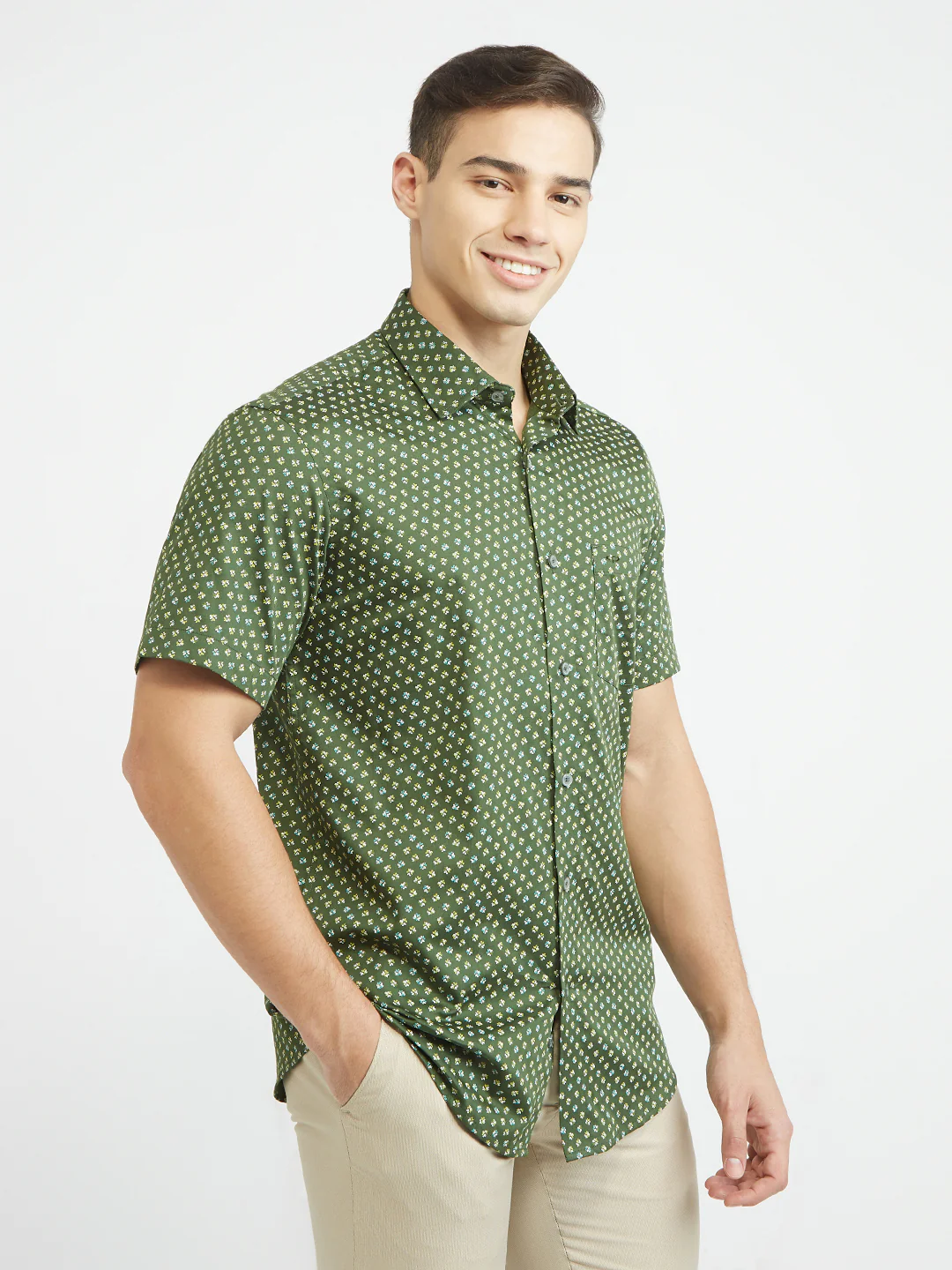 ColorPlus Men Green Print Regular Fit Cotton Shirt - Image 2