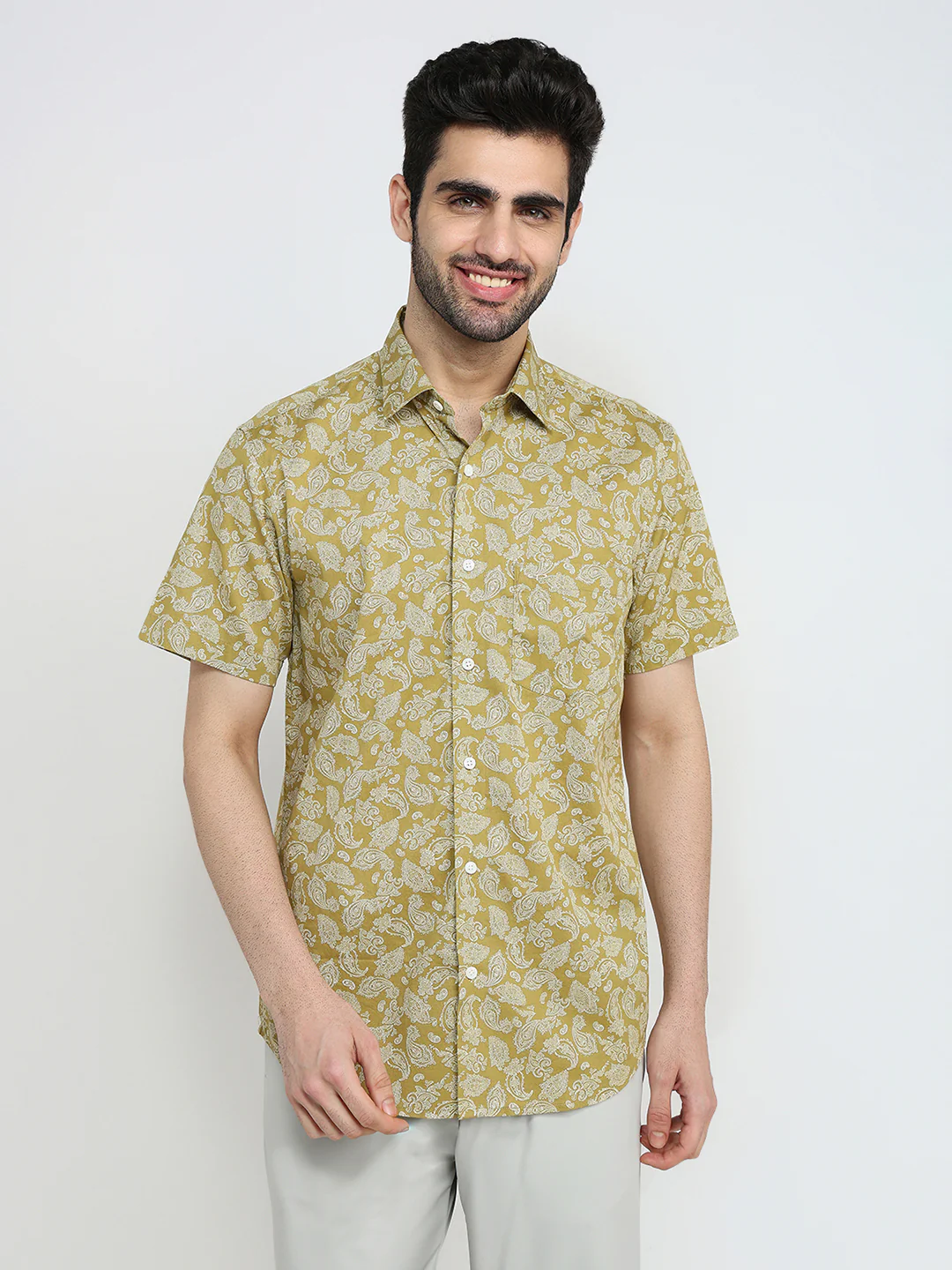 Colorplus Men Green Printed Regular Fit Cotton Half Sleeve Casual Shirt