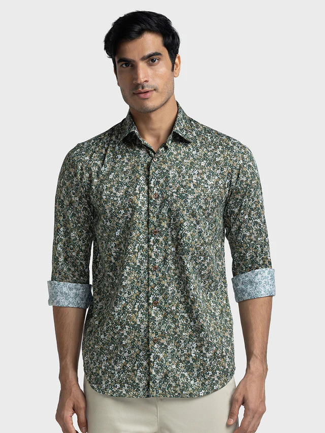 Colorplus Men Green Printed Tailored Fit Full Sleeve Spread Collar Shirt