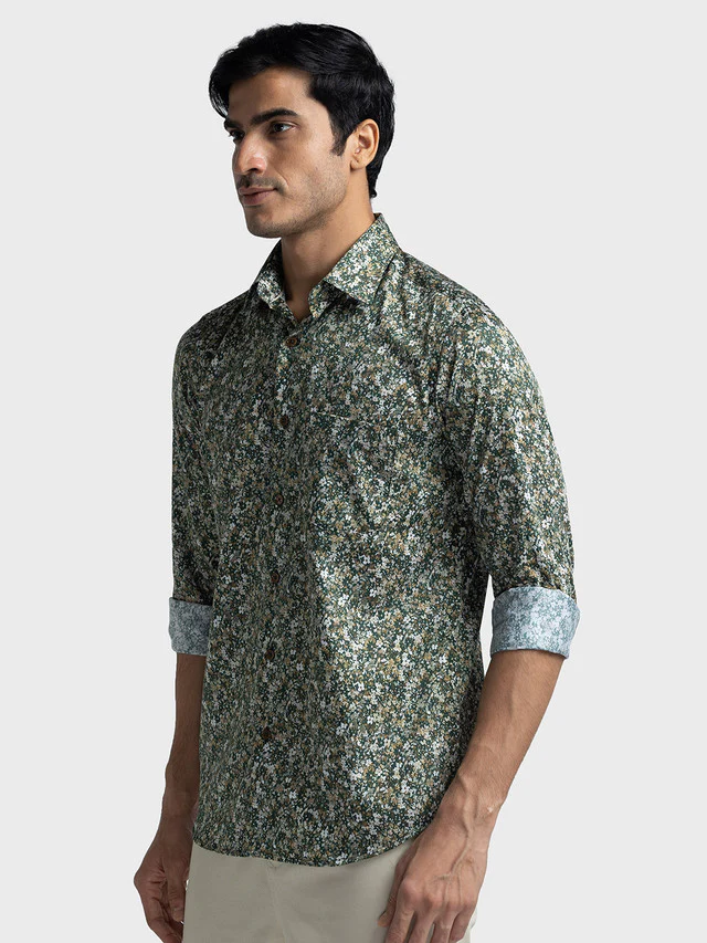 Colorplus Men Green Printed Tailored Fit Full Sleeve Spread Collar Shirt - Image 3