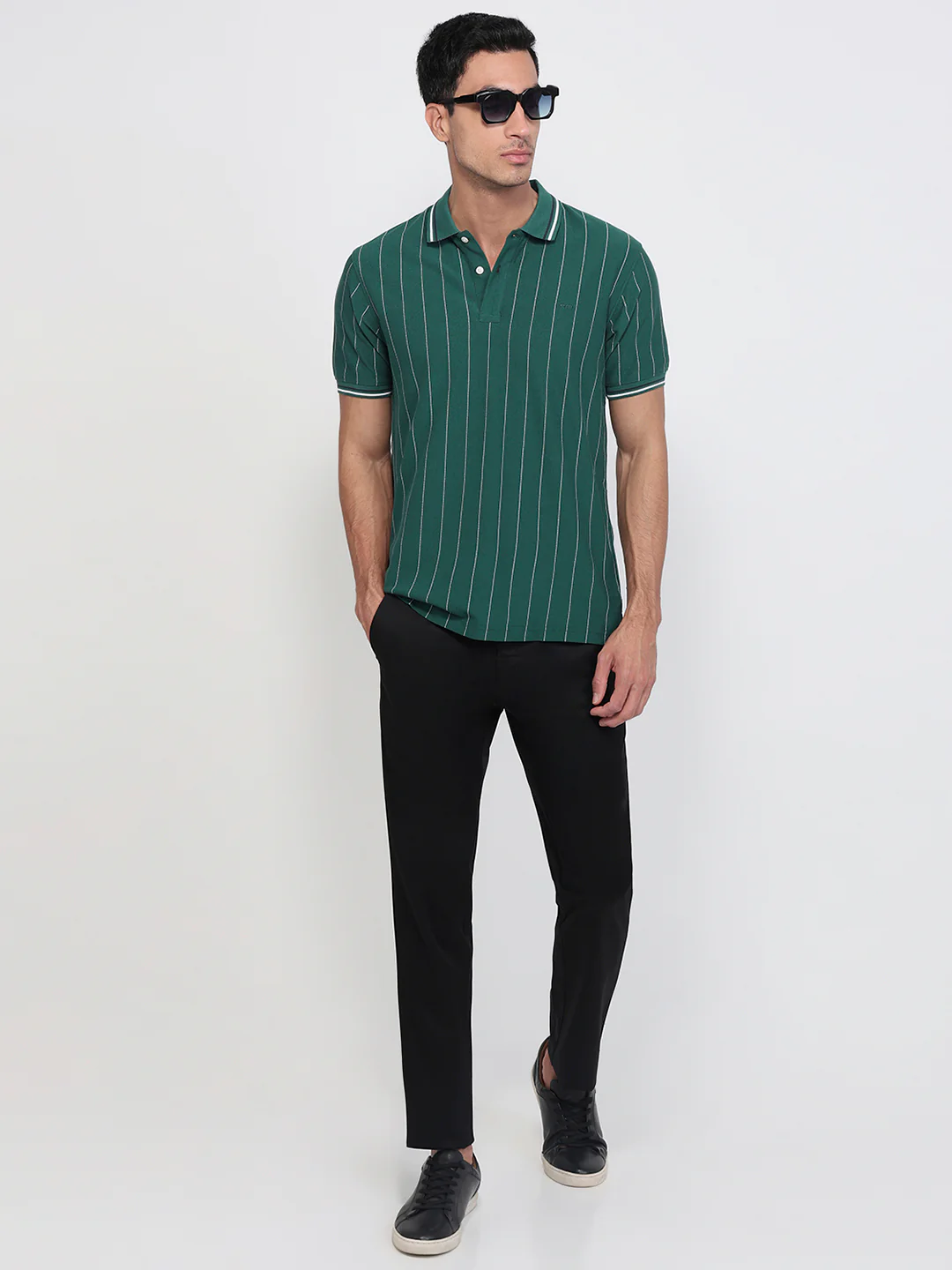 Colorplus Men Green Regular Fit Stripe Polo Neck Collar T-Shirt - Image 5