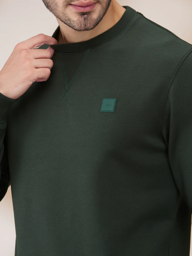 Colorplus Men Green Solid Regular Fit Cotton Blend Sweatshirt - Image 5