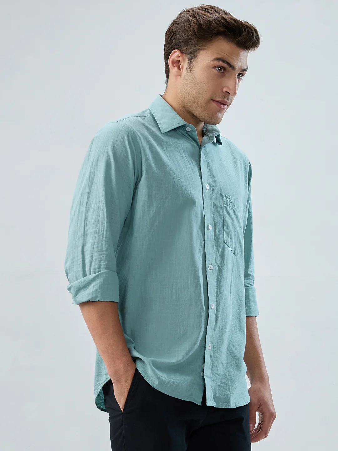 Colorplus Men Green Solid Regular Fit Cotton Shirt - Image 2