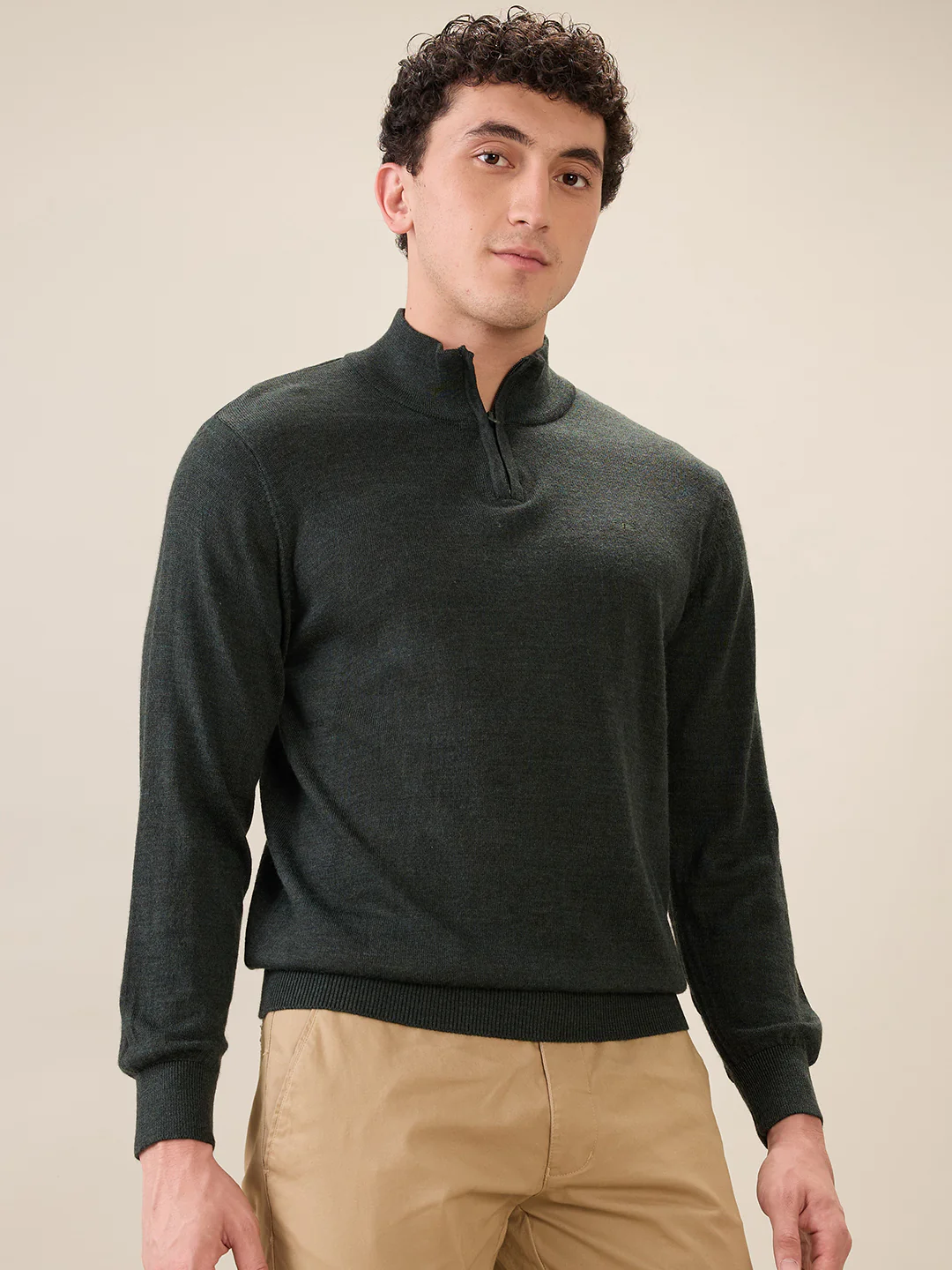Colorplus Men Green Solid Regular Fit Wool Blend Sweatshirt - Image 2