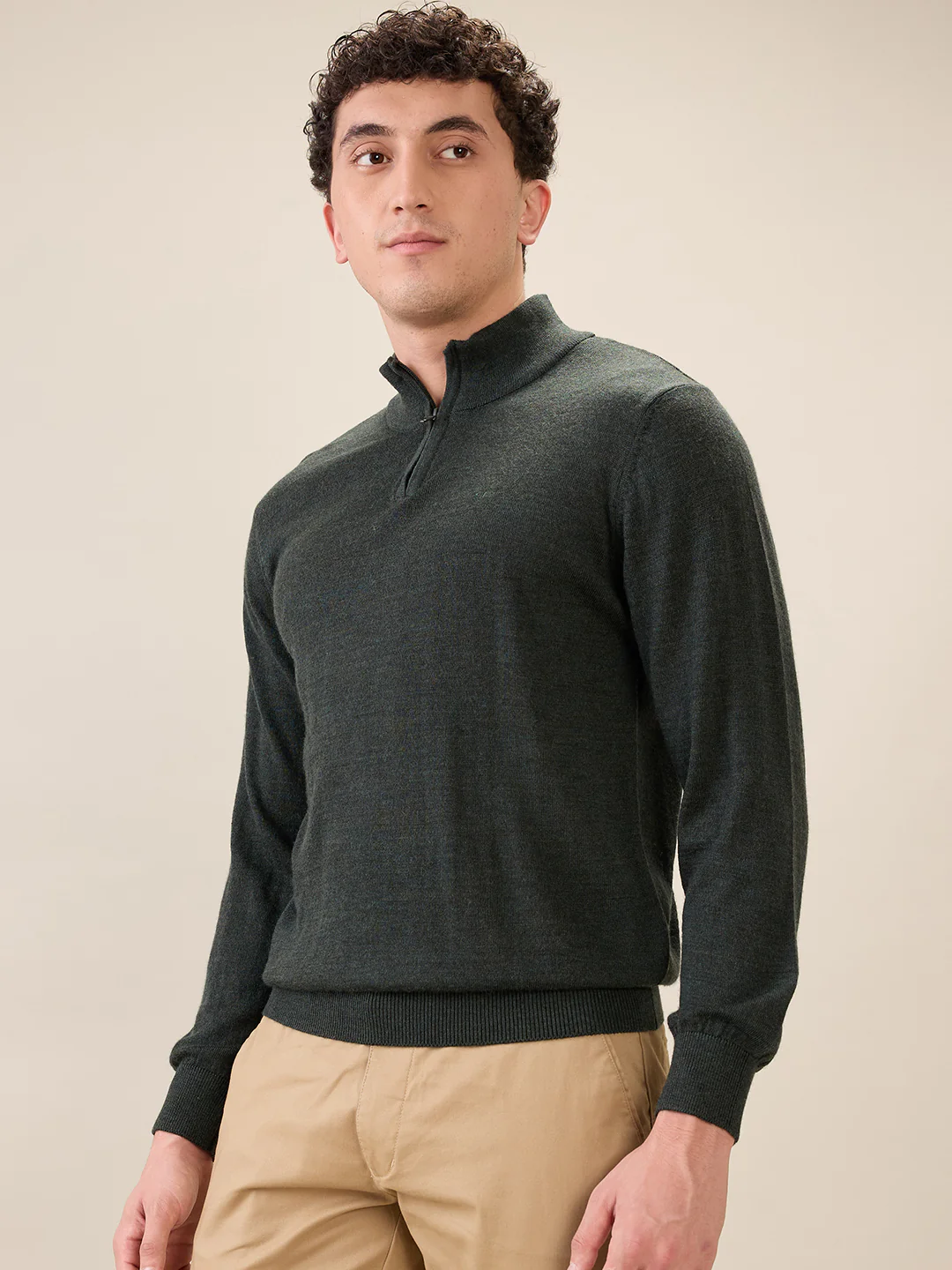 Colorplus Men Green Solid Regular Fit Wool Blend Sweatshirt - Image 3