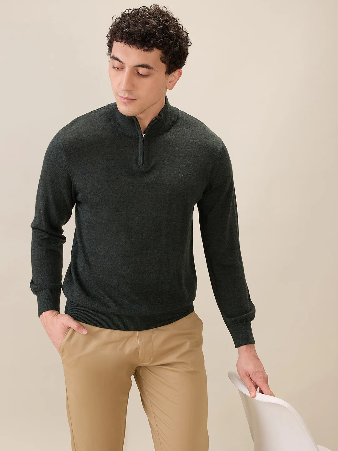 Colorplus Men Green Solid Regular Fit Wool Blend Sweatshirt - Image 7