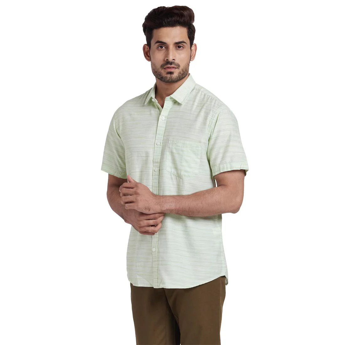 ColorPlus Men Green Solid Tailored Fit Cotton Half Sleeve Shirt - Image 3