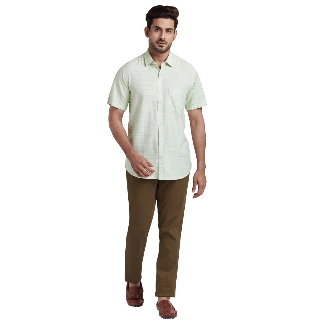 ColorPlus Men Green Solid Tailored Fit Cotton Half Sleeve Shirt - Image 5