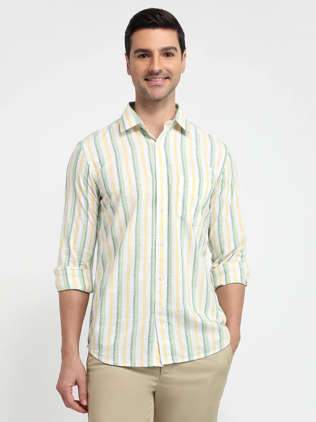 Colorplus Men Green Stripe Regular Fit Cotton Casual Shirt
