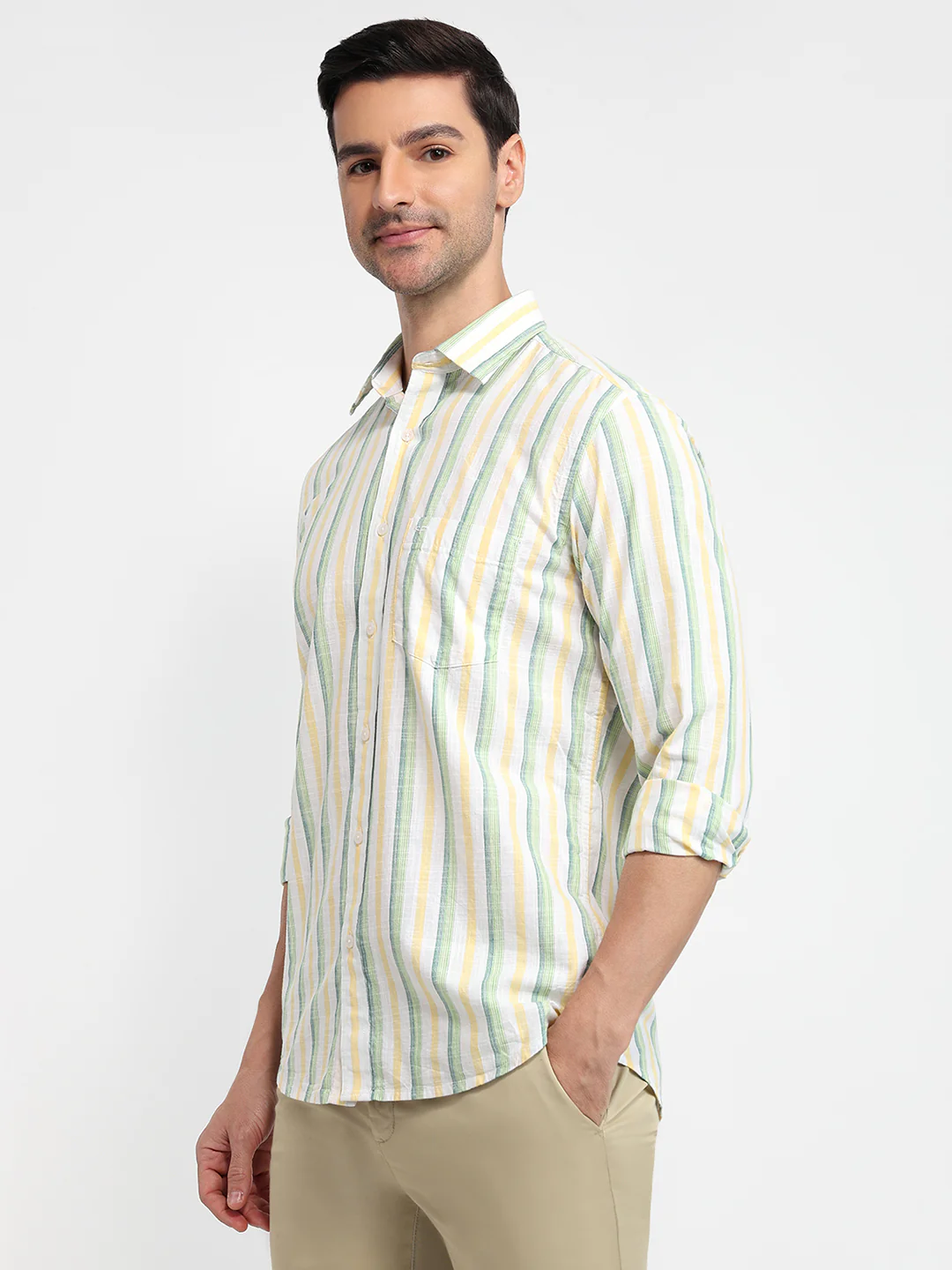 Colorplus Men Green Stripe Regular Fit Cotton Casual Shirt - Image 2