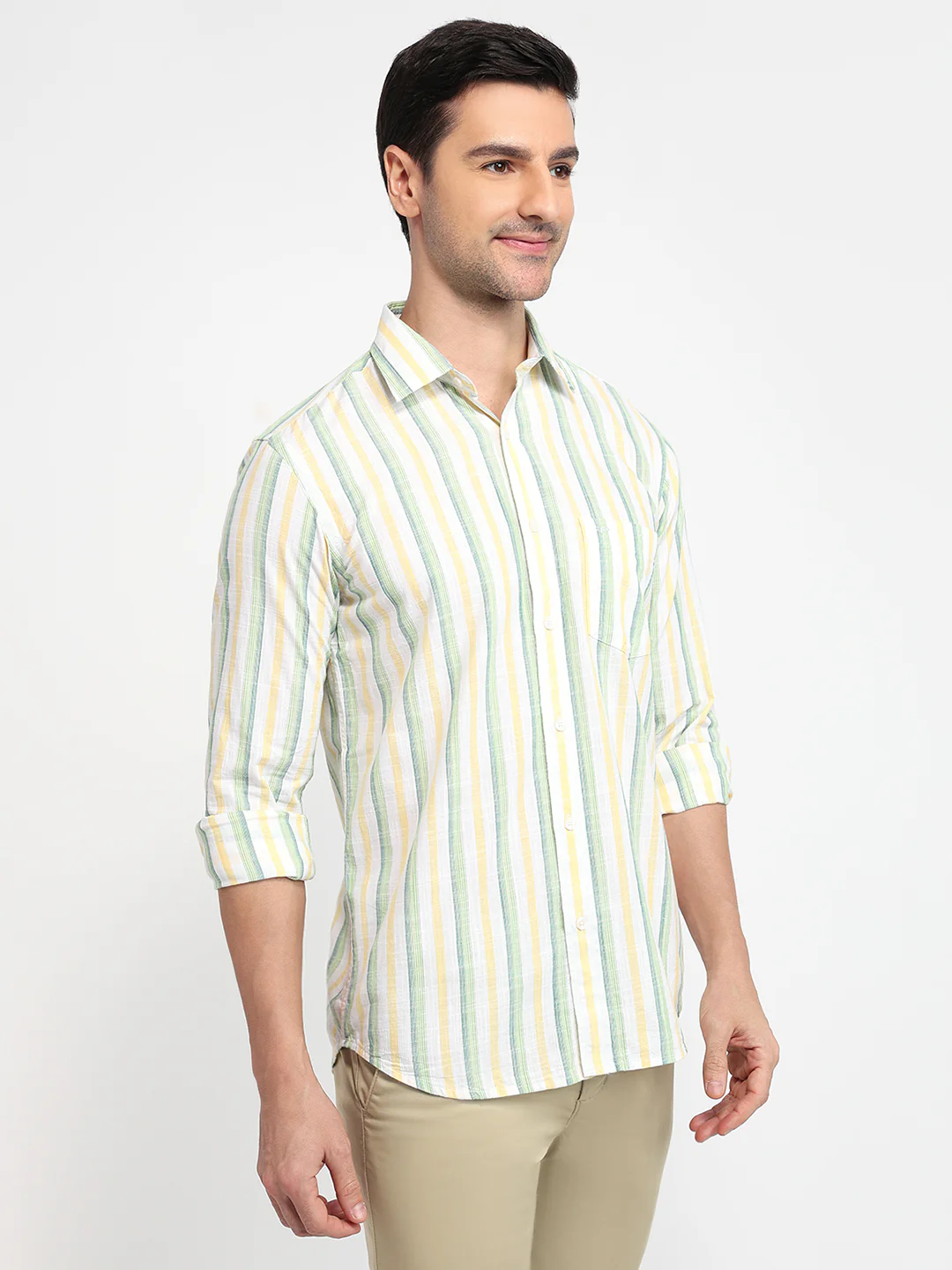 Colorplus Men Green Stripe Regular Fit Cotton Casual Shirt - Image 3