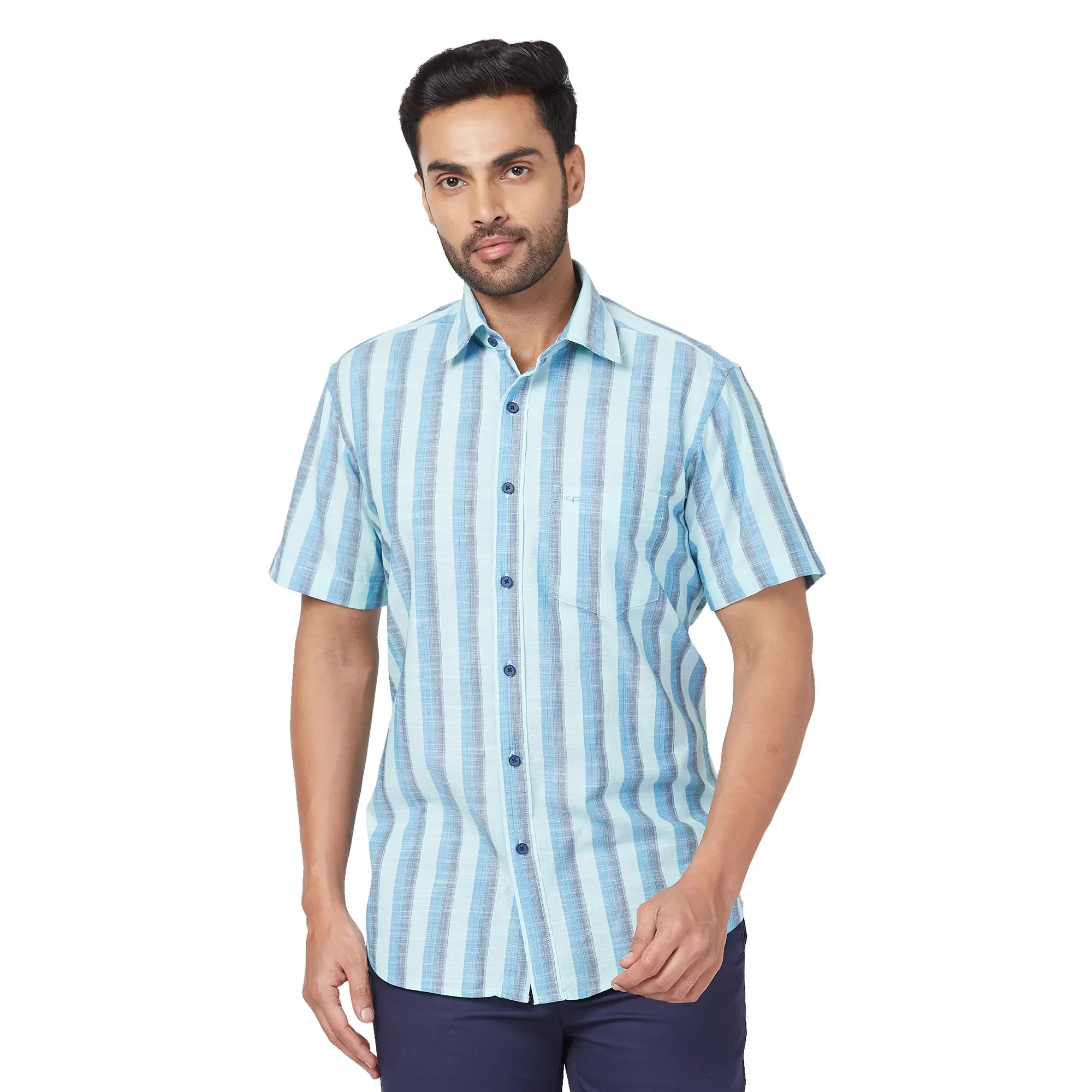 ColorPlus Men Green Stripe Regular Fit Cotton Half Sleeve Shirt