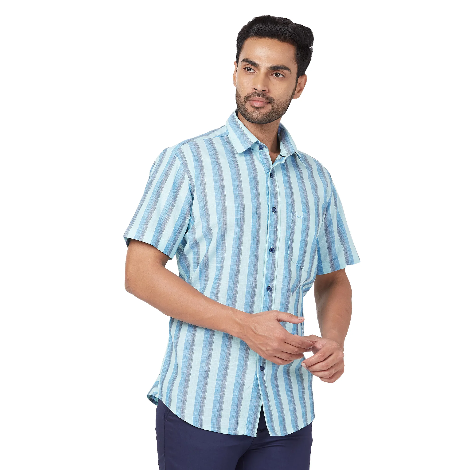 ColorPlus Men Green Stripe Regular Fit Cotton Half Sleeve Shirt - Image 2