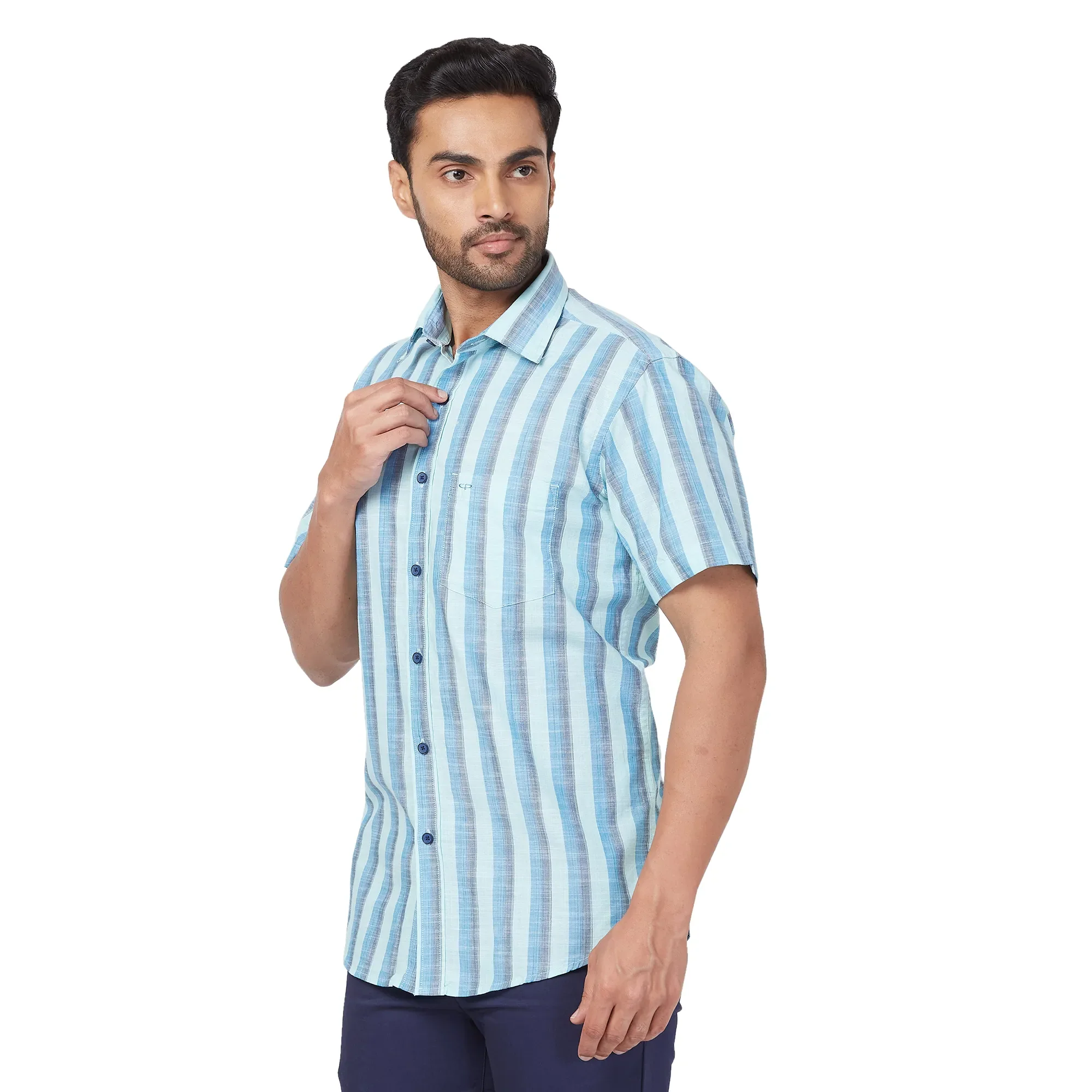 ColorPlus Men Green Stripe Regular Fit Cotton Half Sleeve Shirt - Image 3