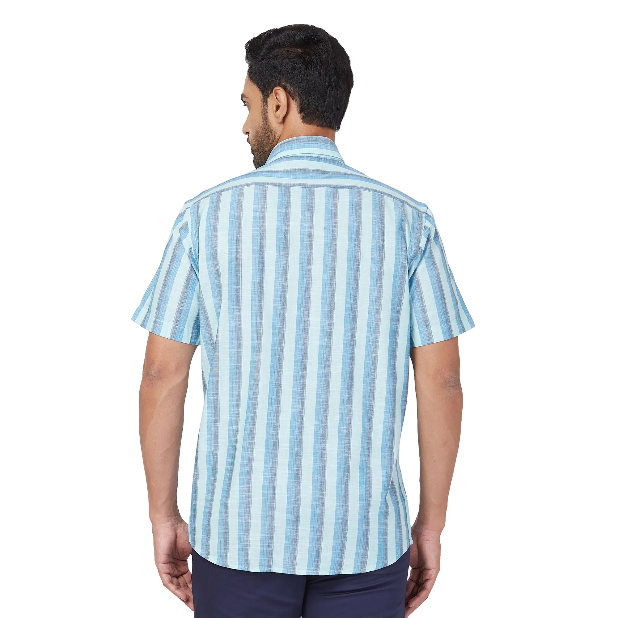 ColorPlus Men Green Stripe Regular Fit Cotton Half Sleeve Shirt - Image 4