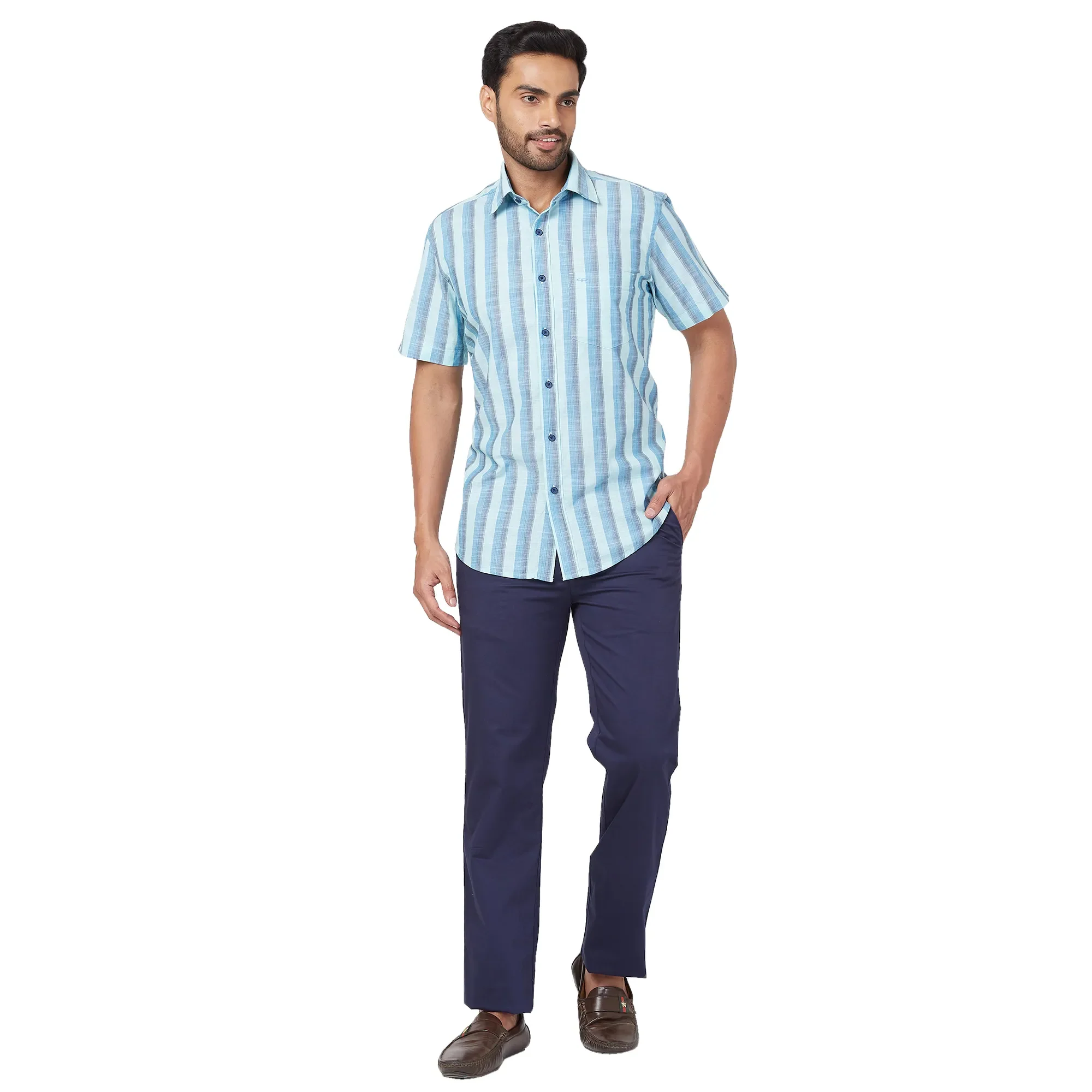 ColorPlus Men Green Stripe Regular Fit Cotton Half Sleeve Shirt - Image 5