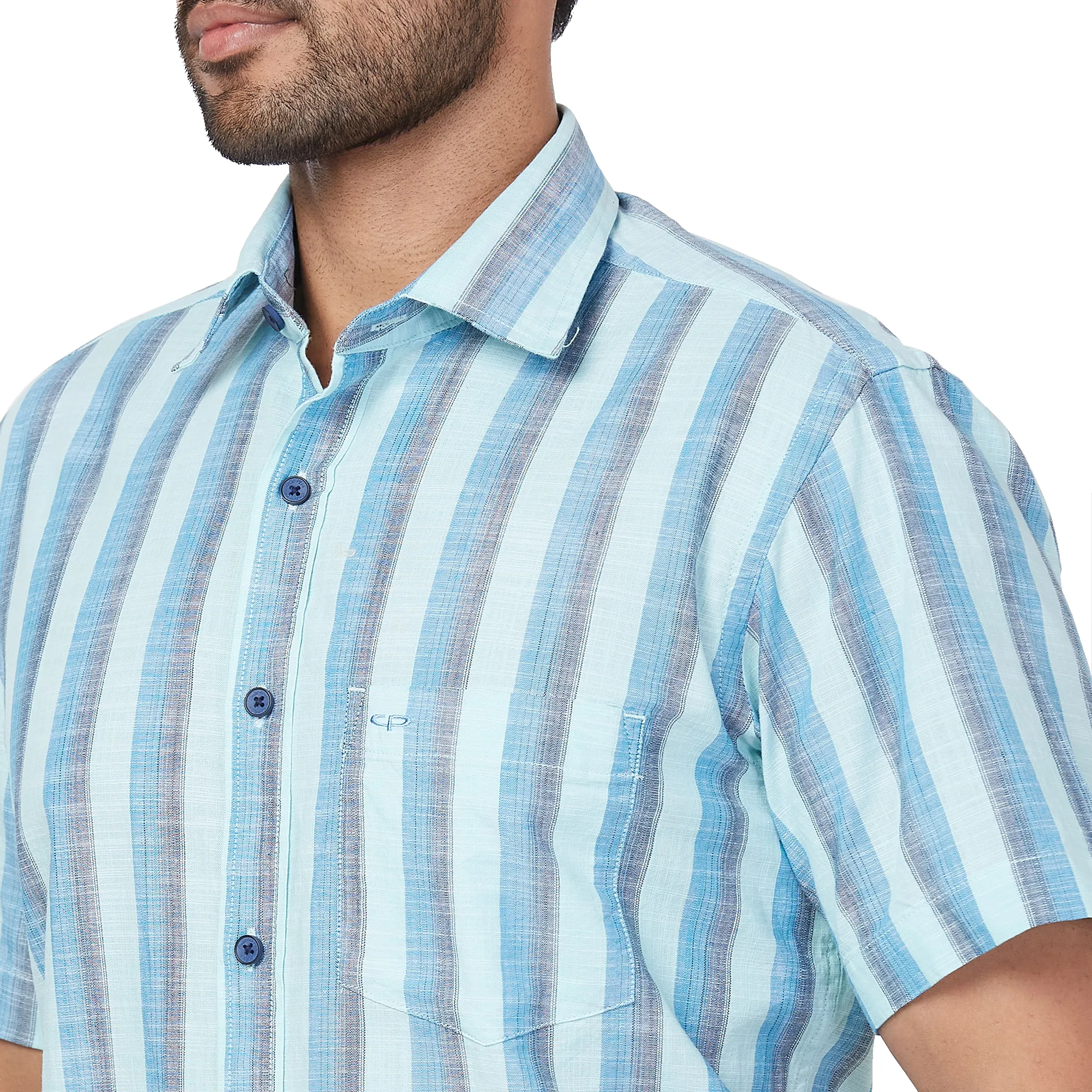 ColorPlus Men Green Stripe Regular Fit Cotton Half Sleeve Shirt - Image 6
