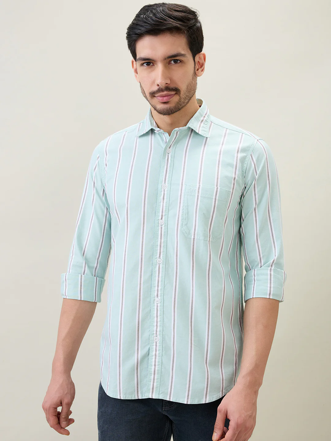 Colorplus Men Green Stripe Regular Fit Cotton Shirt