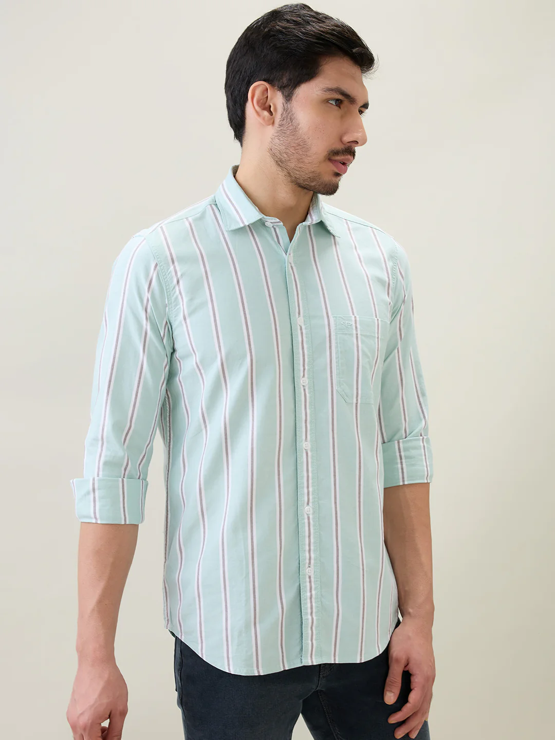 Colorplus Men Green Stripe Regular Fit Cotton Shirt - Image 2