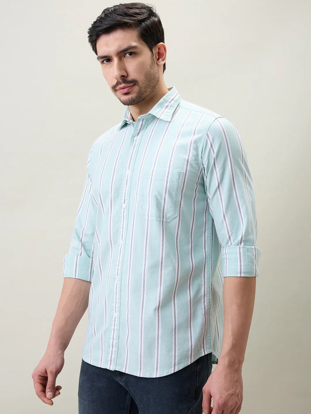 Colorplus Men Green Stripe Regular Fit Cotton Shirt - Image 3