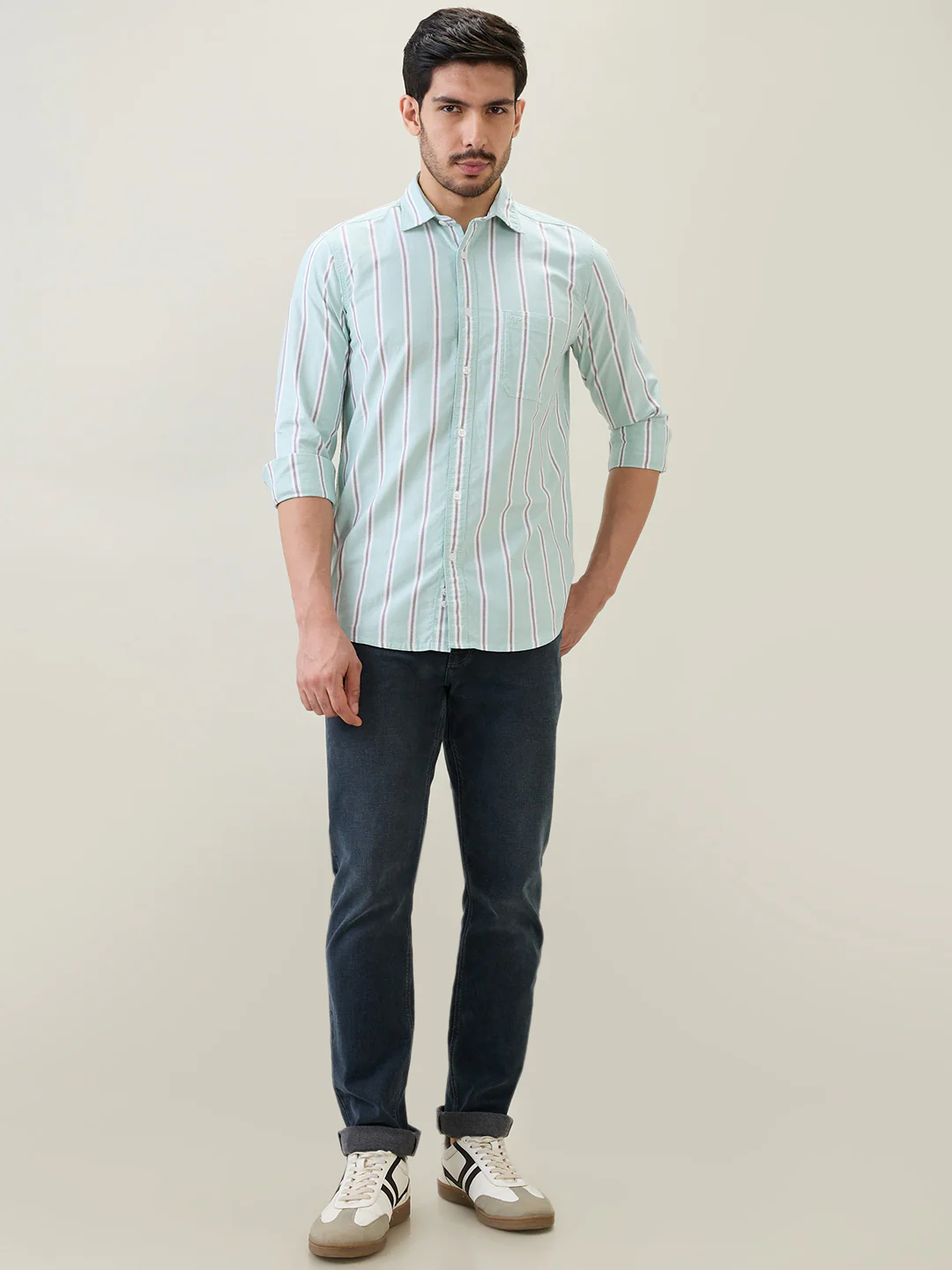 Colorplus Men Green Stripe Regular Fit Cotton Shirt - Image 5