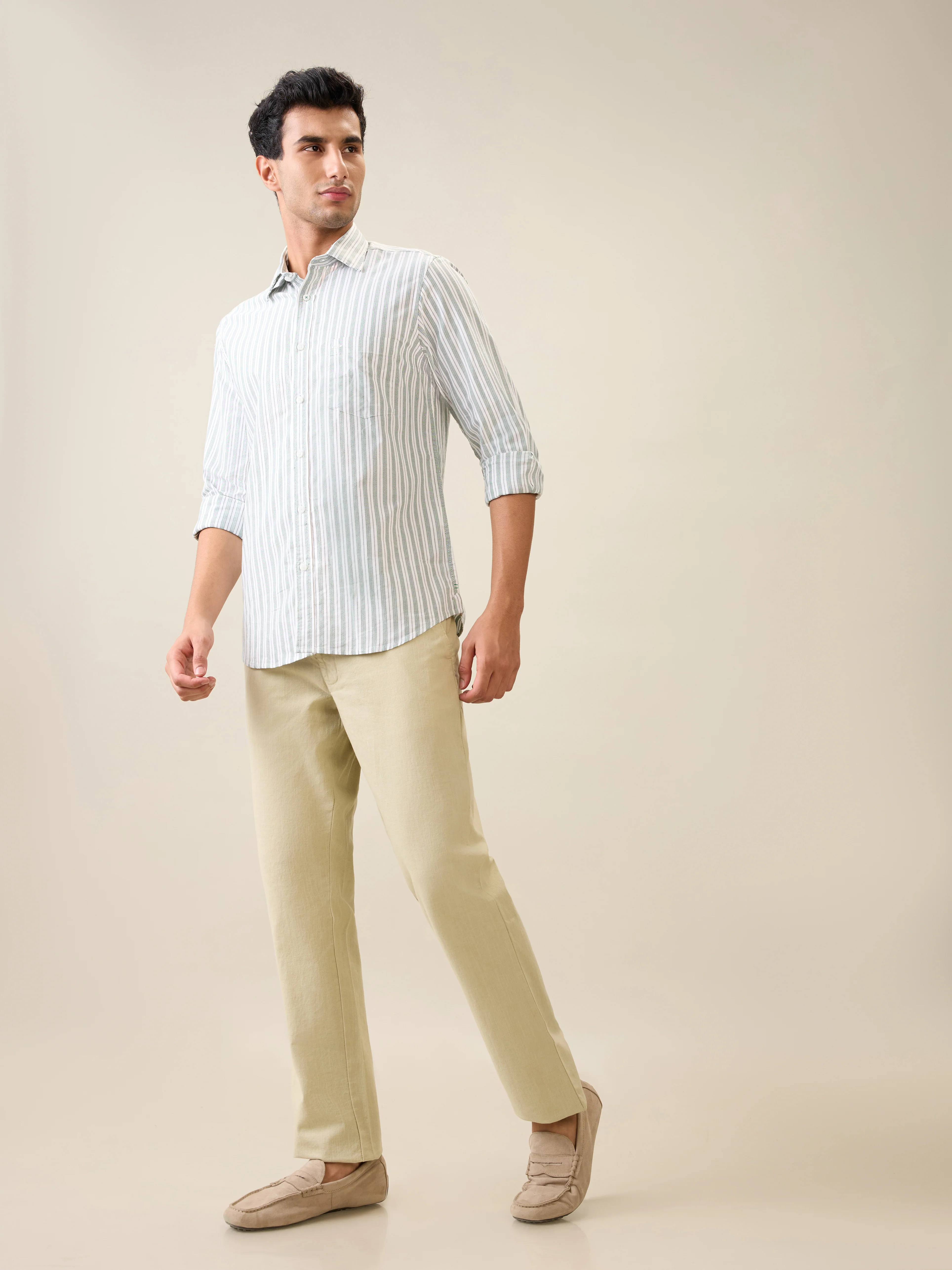 Colorplus Men Green Stripe Regular Fit Cotton Shirt - Image 5