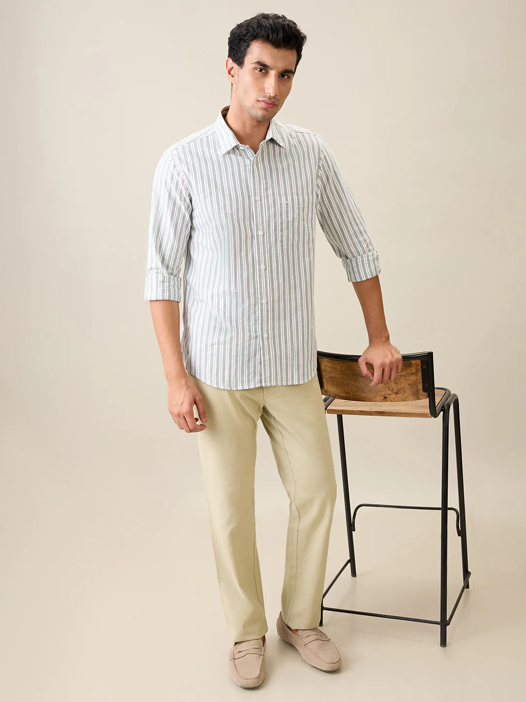 Colorplus Men Green Stripe Regular Fit Cotton Shirt - Image 6