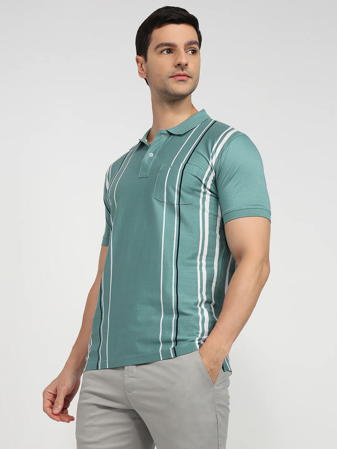 Colorplus Men Green Stripe Regular Fit Cotton T-shirt - Image 2